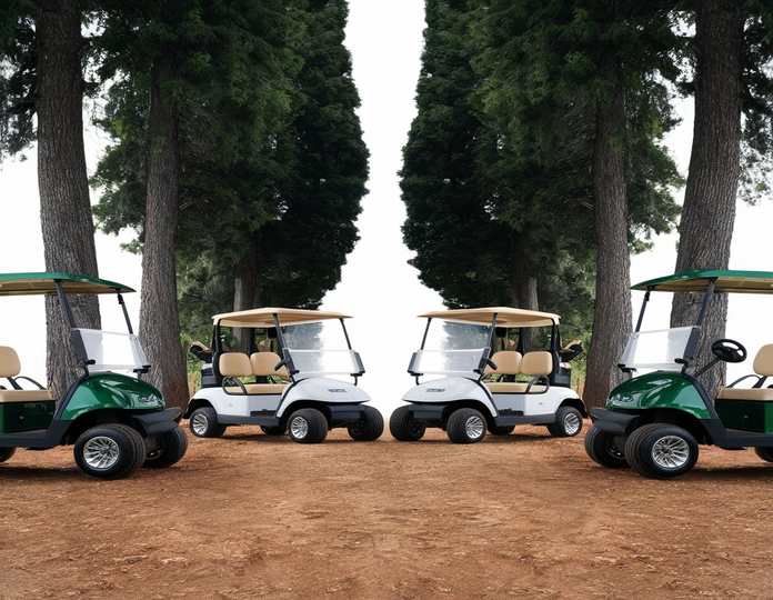 Four electric golf carts parked in a row on a dirt ground surrounded by trees, with two green carts on the edges and two white in the middle.