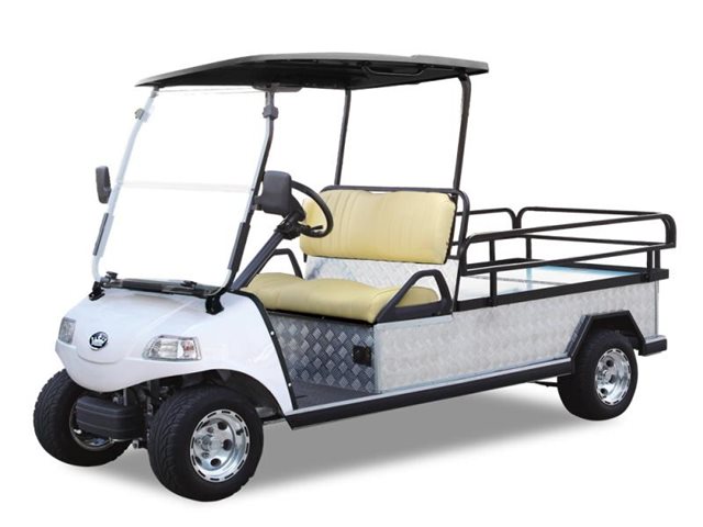 A white electric utility golf cart with a cargo bed, designed for transporting goods and passengers, equipped with a roof and striped background.