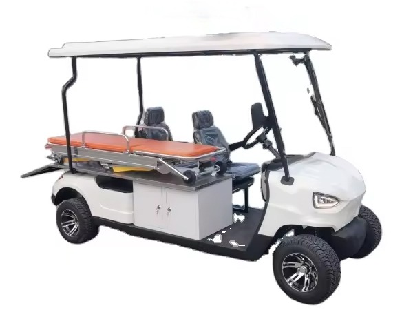 A specialized utility golf cart equipped with a cargo bed and roof rack against a striped background.