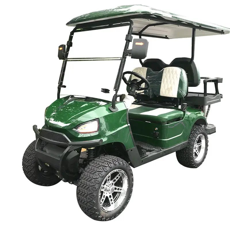 Green four-seater electric golf cart with a beige roof and seats, parked against a transparent background.