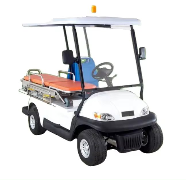 Black two-seater electric golf cart with canopy and rear cargo bed, isolated on a transparent background.