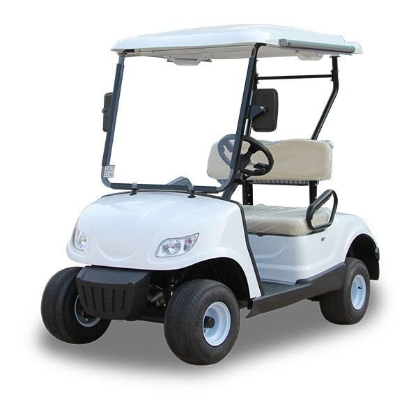 White 2-seater electric golf cart with beige seats and a roof, featuring a logo of a blue bird on the side.