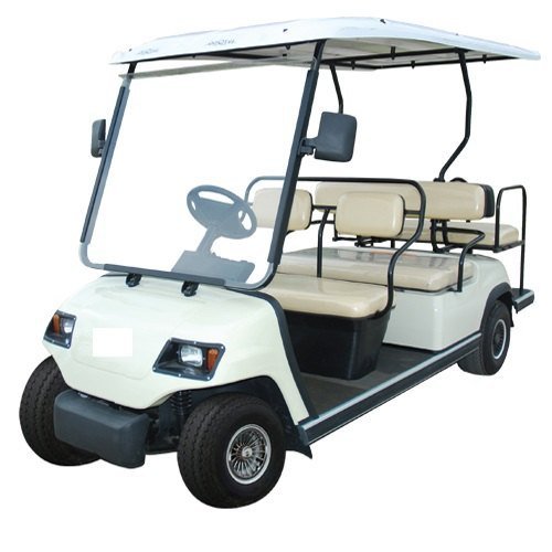 White six-seater electric golf car with a canopy, featuring modern design elements and positioned against a transparent background.