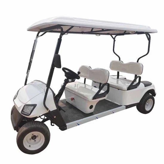 A white, 4 Person Electric Golf Cart with a logo on the front and a canopy over the top.