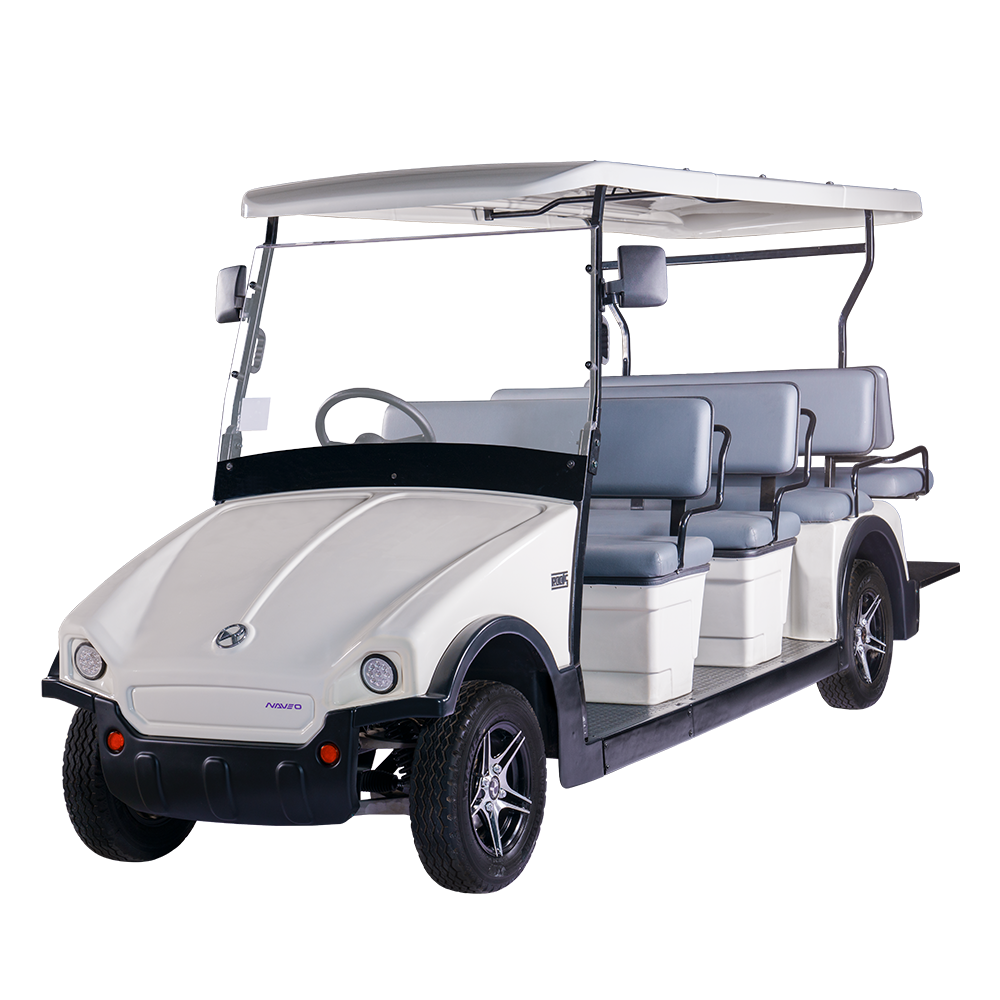 White eight-seater electric golf buggy cart with a canopy and off-road tires, isolated on a transparent background.