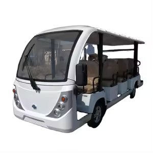 White 14-seater electric mini bus with open sides, featuring two rows of beige seating and designed for multiple passengers.